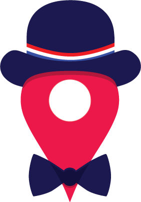 Emblème GentleGuide : chapeau melon à ruban tricolore, pin de géolocalisation rouge et nœud papillon
